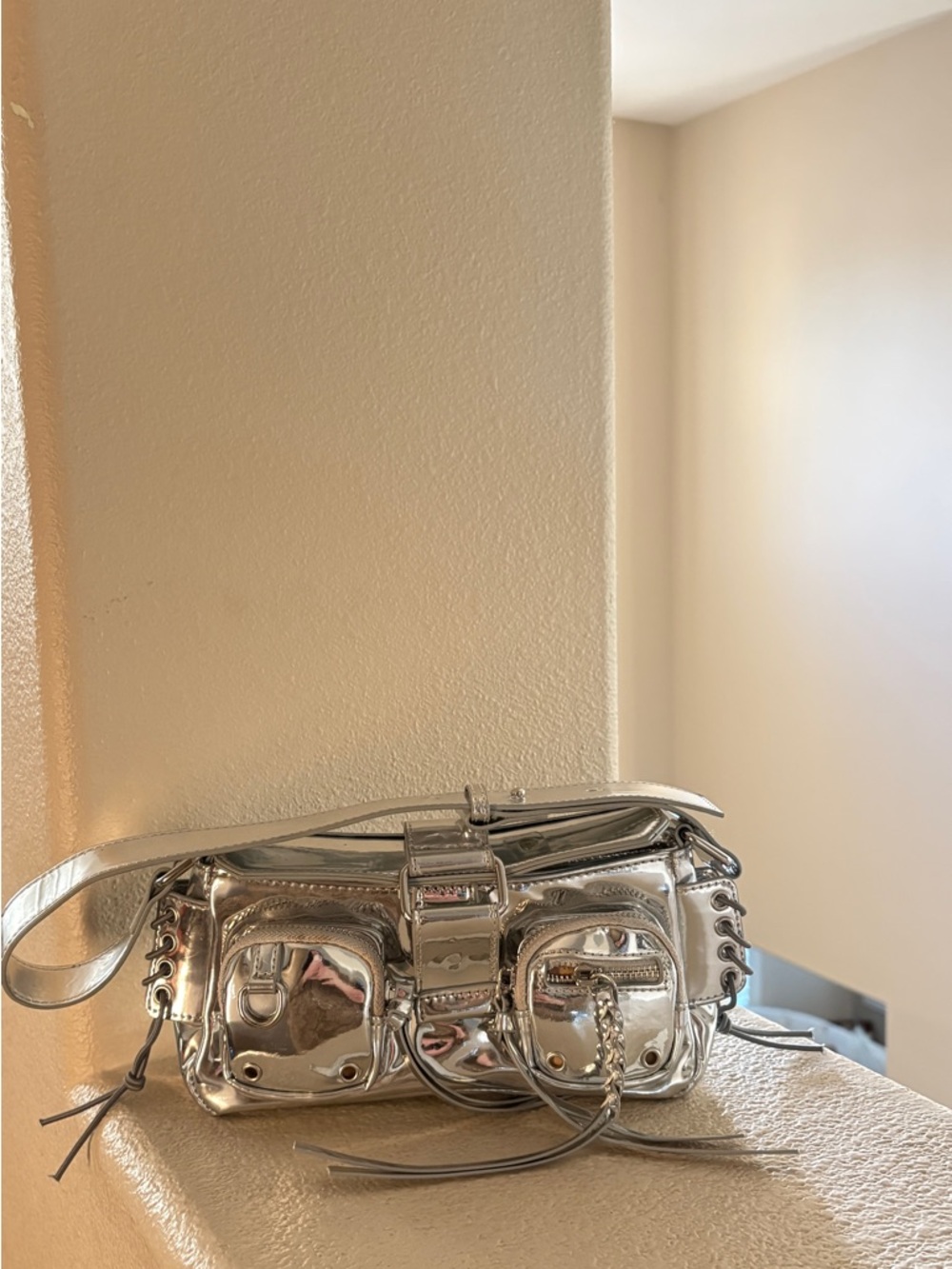 Metallic Silver Crossbody Bag with Buckle & Pockets